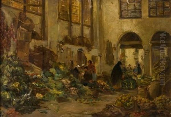 Gemusemarkt In Einer Altstadtgasse Oil Painting by Mihaly Munkacsy