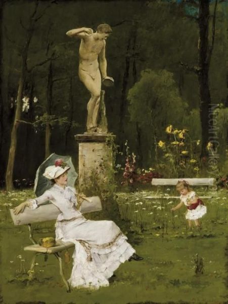 An Afternoon In The Park Oil Painting by Mihaly Munkacsy