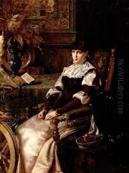 Lady With Spinning Wheel Oil Painting by Mihaly Munkacsy