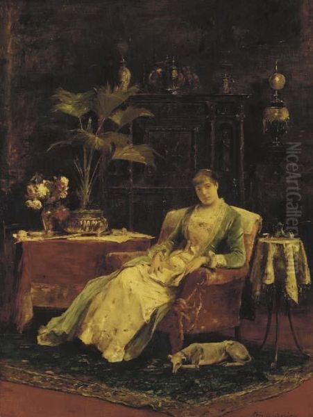 A Lady Seated In An Elegant Interior Oil Painting by Mihaly Munkacsy