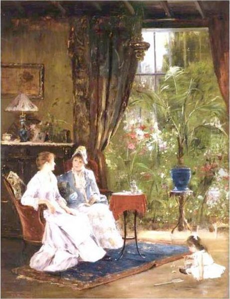 In The Conservatory Oil Painting by Mihaly Munkacsy