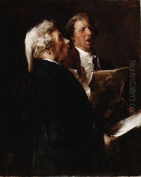 Two Men Singing Oil Painting by Mihaly Munkacsy