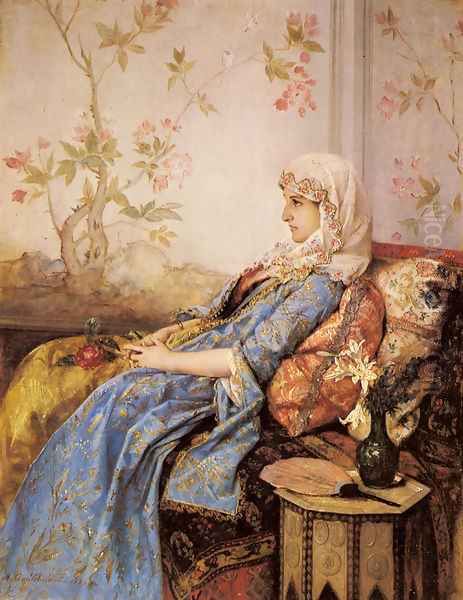 An Exotic Beauty in an Interior Oil Painting by Auguste Toulmouche