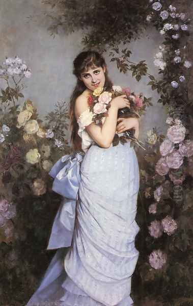 A Young Woman in a Rose Garden Oil Painting by Auguste Toulmouche