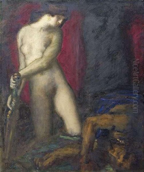 Von: Judith And Holofernes, Ca.1927. Oil On Wood. Signed. Slight Crackle Oil Painting by Franz von Stuck