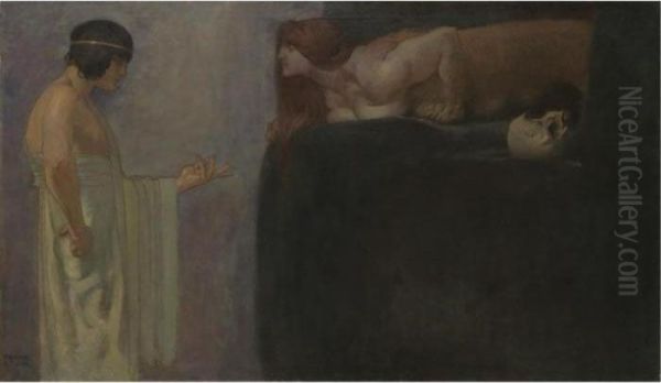 Odipus Lost Das Ratsel Der Sphinx (oedipus Solves The Riddle Of The Sphinx) Oil Painting by Franz von Stuck