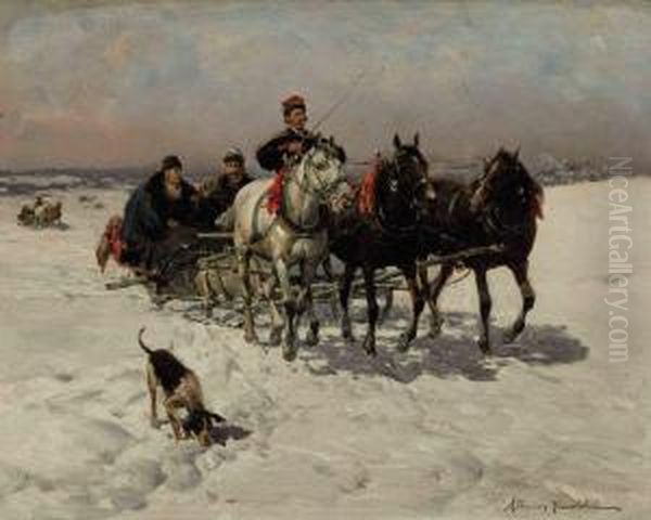 Troikas Racing Across The Steppes Oil Painting by Alfred Wierusz-Kowalski