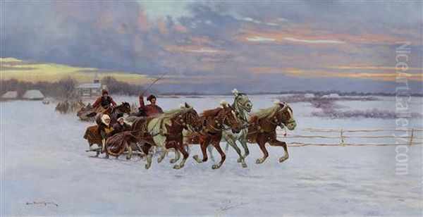 Riding In The Snow Oil Painting by Alfred Wierusz-Kowalski