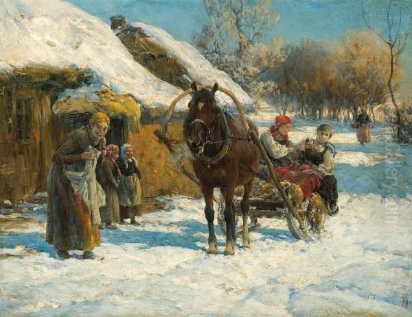 Winter Sunny Day Oil Painting by Alfred Wierusz-Kowalski