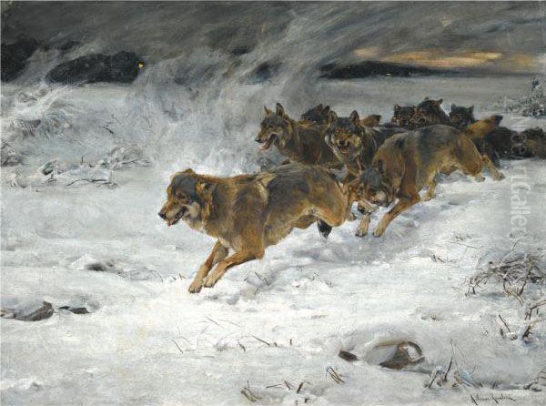 A Pack Of Wolves Oil Painting by Alfred Wierusz-Kowalski