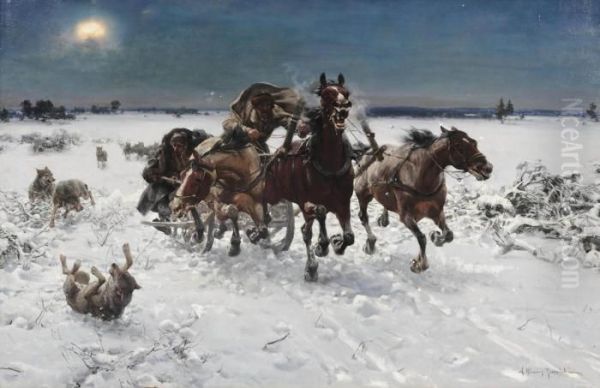 Wolves In Pursuit Oil Painting by Alfred Wierusz-Kowalski