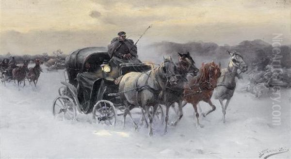 Two Horse-drawn Coaches In A Snowy Landscape. Oil Painting by Alfred Wierusz-Kowalski