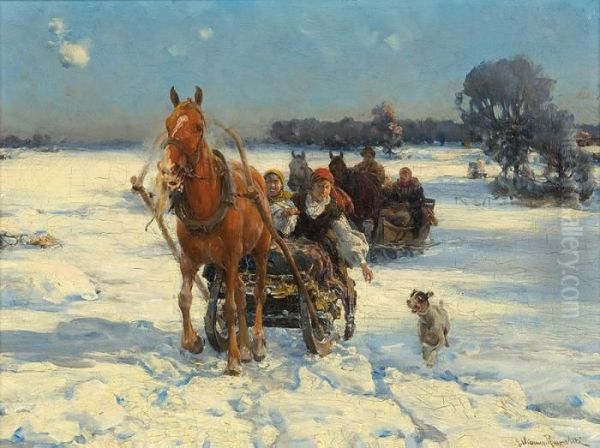 Wintersleigh In Sunny Day Oil Painting by Alfred Wierusz-Kowalski