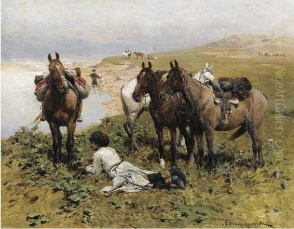 Caucasian Riders Resting Oil Painting by Alfred Wierusz-Kowalski