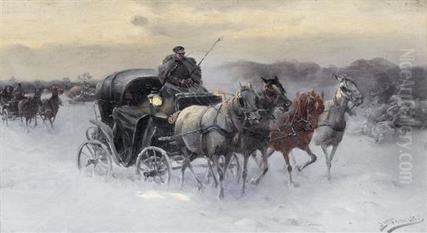 Two Horse-drawn Coaches Ina Snowy Landscape Oil Painting by Alfred Wierusz-Kowalski