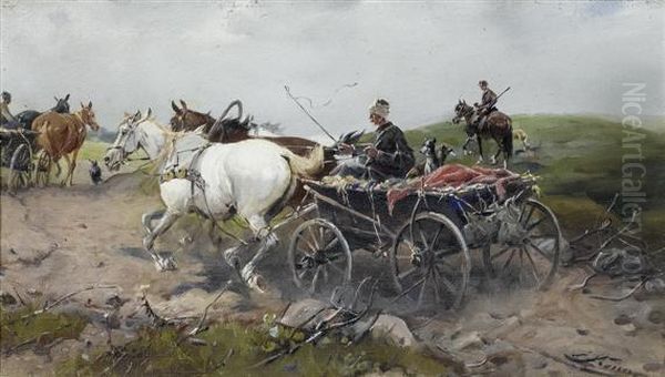 Galloping Horses Harnessedto A Cart Oil Painting by Alfred Wierusz-Kowalski