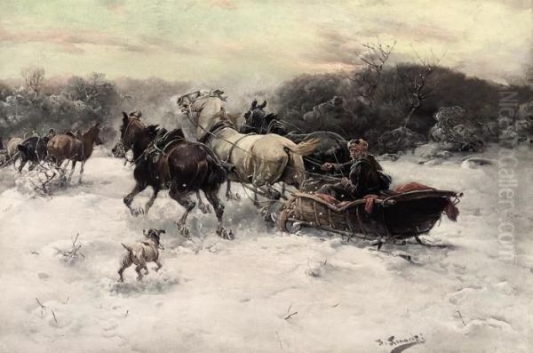 The Troika Riders Oil Painting by Alfred Wierusz-Kowalski