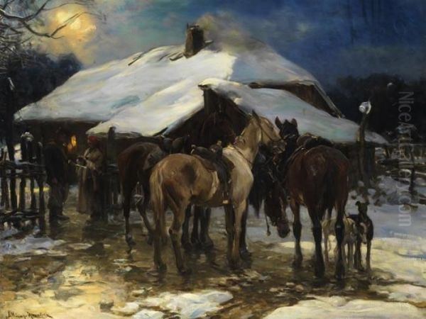 Pferdegruppe Vor Verschneitem Bauernhaus Oil Painting by Alfred Wierusz-Kowalski