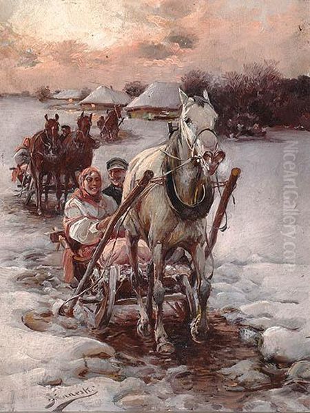 Sleighride In A Winter Landscape Oil Painting by Alfred Wierusz-Kowalski