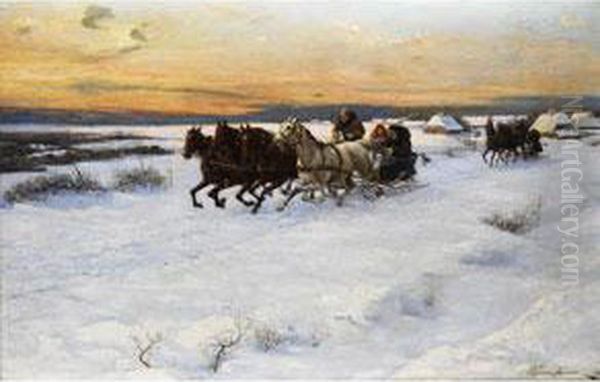 Pferdeschlitten In Winterlicher Landschaft Oil Painting by Alfred Wierusz-Kowalski