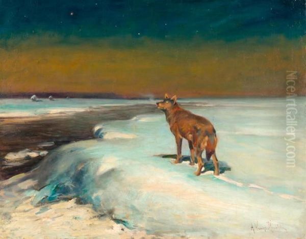 Winter Landscape With A Wolf. Oil Painting by Alfred Wierusz-Kowalski