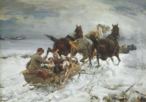 Horse-drawn Sleigh Oil Painting by Alfred Wierusz-Kowalski