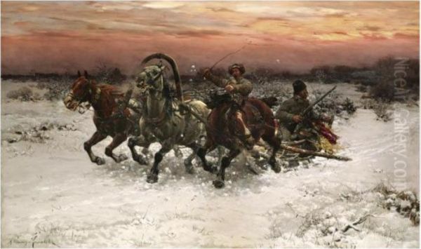 Troika Pursued By Wolves Oil Painting by Alfred Wierusz-Kowalski