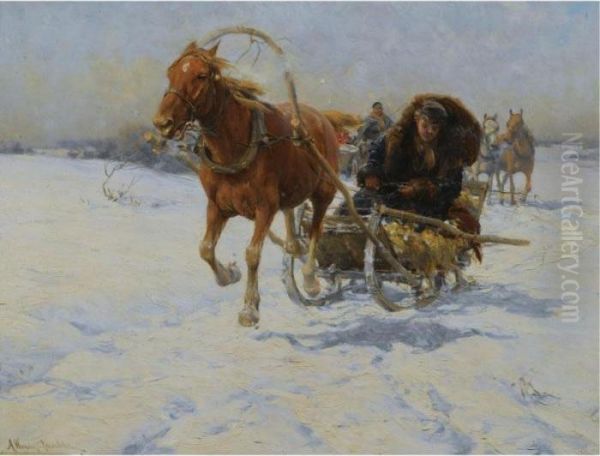 Sleigh Ride Oil Painting by Alfred Wierusz-Kowalski