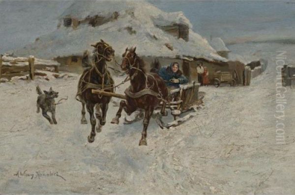 Troika Ride Oil Painting by Alfred Wierusz-Kowalski