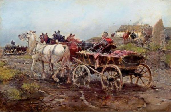 A Horse-drawn Carriage Oil Painting by Alfred Wierusz-Kowalski