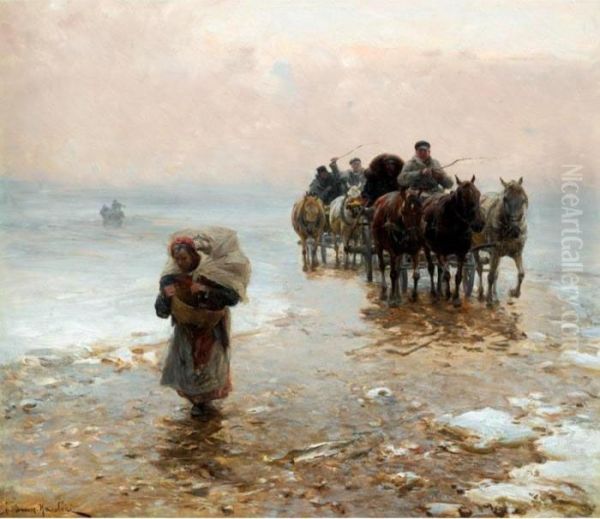 Returning From The Market In Winter Oil Painting by Alfred Wierusz-Kowalski