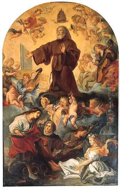 Saint Francis of Paula in Glory, attended by Angels and Saints, in a painted arch Oil Painting by Theodor Van Thulden