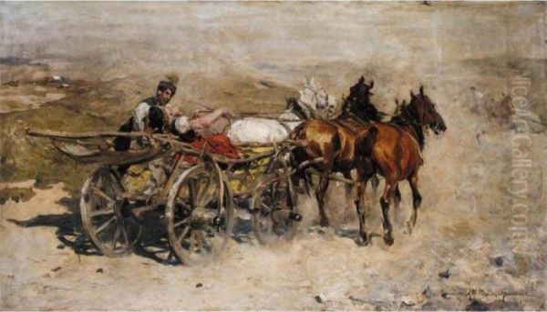 Troika On A Dusty Road Oil Painting by Alfred Wierusz-Kowalski