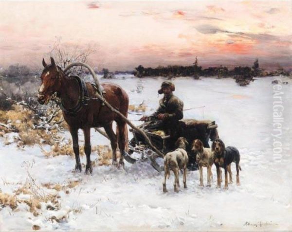 A Horse-drawn Sleigh At Dusk Oil Painting by Alfred Wierusz-Kowalski