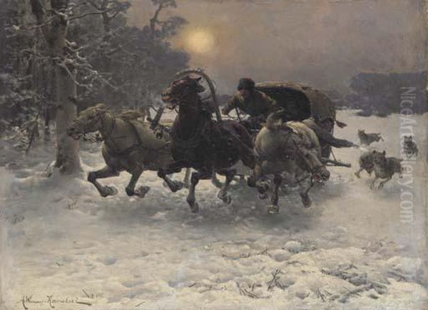 Pursued By Wolves Oil Painting by Alfred Wierusz-Kowalski