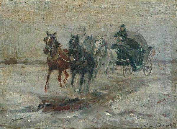 Zaprzeg Czterokonny, Koniec Xix W. Oil Painting by Alfred Wierusz-Kowalski