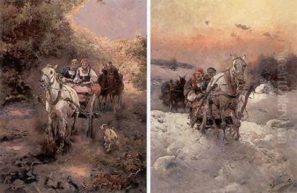 Winter Horse Ride (#) Summer Horse Ride Oil Painting by Alfred Wierusz-Kowalski