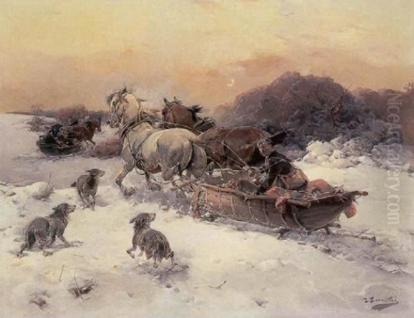 The Sleigh Race Oil Painting by Alfred Wierusz-Kowalski