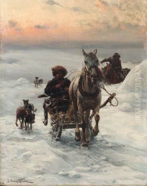 Cossacks Returning Home In The Snow Oil Painting by Alfred Wierusz-Kowalski