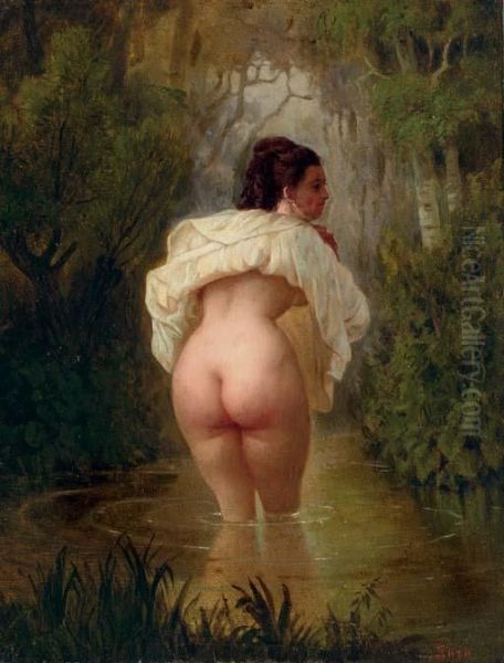 Nude In A Pond Oil Painting by Mihaly von Zichy