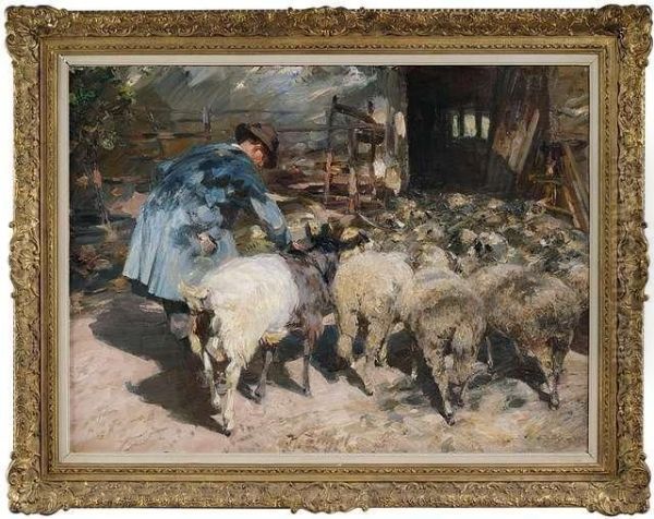 In Front Of A Sheep Shelter Oil Painting by Heinrich Johann Von Zugel