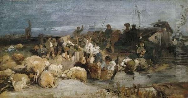 Sheep Washing Oil Painting by Heinrich Johann Von Zugel