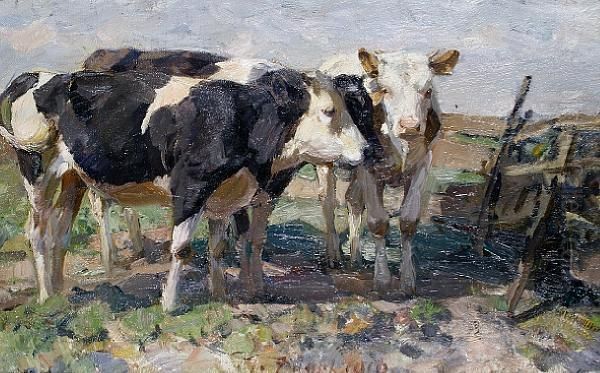 Cows In A Field Oil Painting by Heinrich Johann Von Zugel