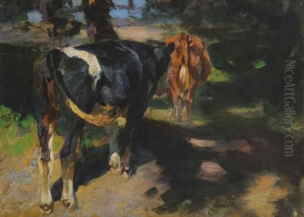 Zwei Rinder Im Baumschatten Oil Painting by Heinrich Johann Von Zugel