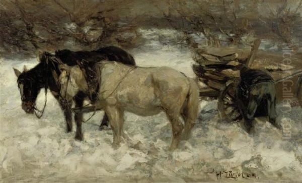 Horses In The Snow Oil Painting by Heinrich Johann Von Zugel