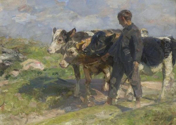 Bursche Mit Drei Jungrindern Oil Painting by Heinrich Johann Von Zugel