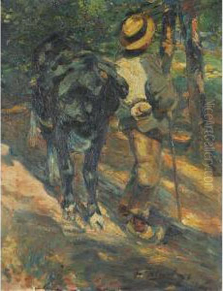 Farmer And Cow Oil Painting by Heinrich Johann Von Zugel