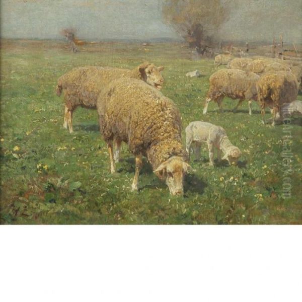 Sheep Grazing In A Pasture Oil Painting by Heinrich Johann Von Zugel