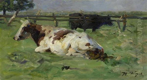 Cow On The Meadow Oil Painting by Heinrich Johann Von Zugel