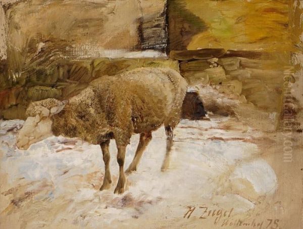 Schaf Im Schnee Oil Painting by Heinrich Johann Von Zugel